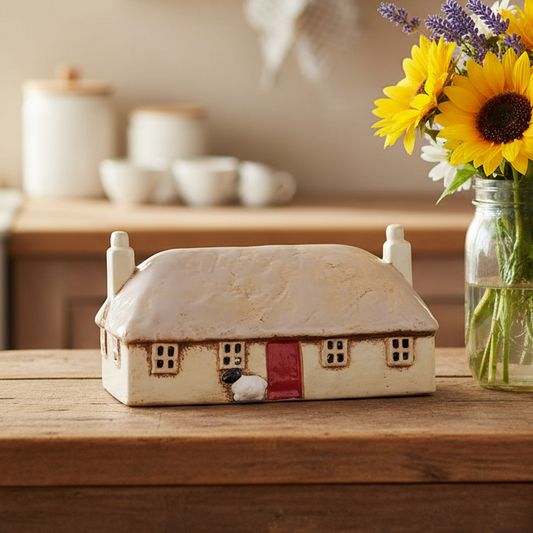 A small Scottish ceramic thatched cottage house-shaped container or box for a candle with a cream-colored roof and walls, brown trim, a red door, and a small black-and-white dog figure in front, displayed on a wooden table beside a glass jar of sunflowers.