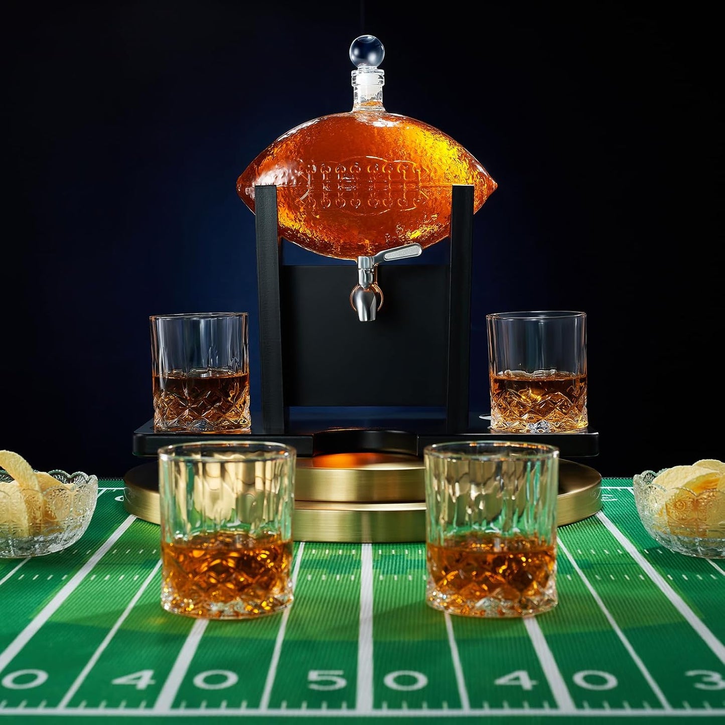 Football Whiskey Decanter With Mahogany Holder & 4 Glasses