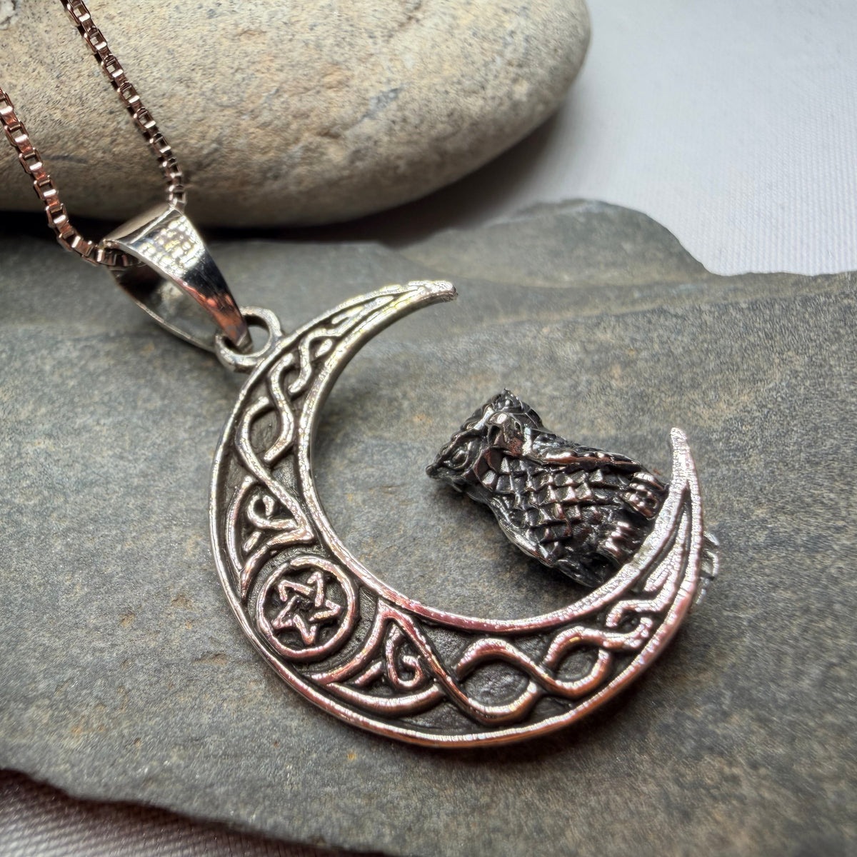 Eagna Mystical Owl Moon Necklace in Sterling Silver