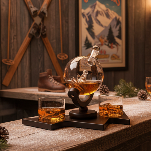 Ski Wine And Whiskey Decanter with 2 Glacier Mountain Glasses