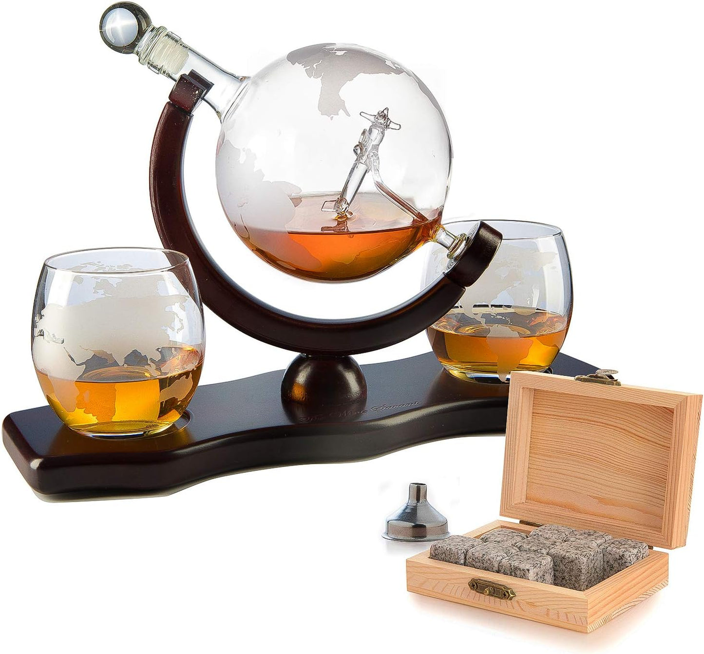 Etched World & Airplane Decanter with Whiskey Stones & Two Glasses