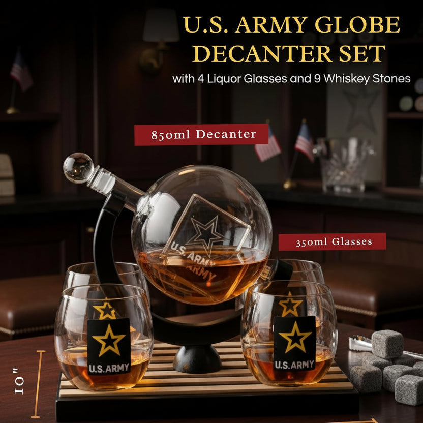 U.S. Army Globe Whiskey Decanter Set with 4 Liquor Glasses