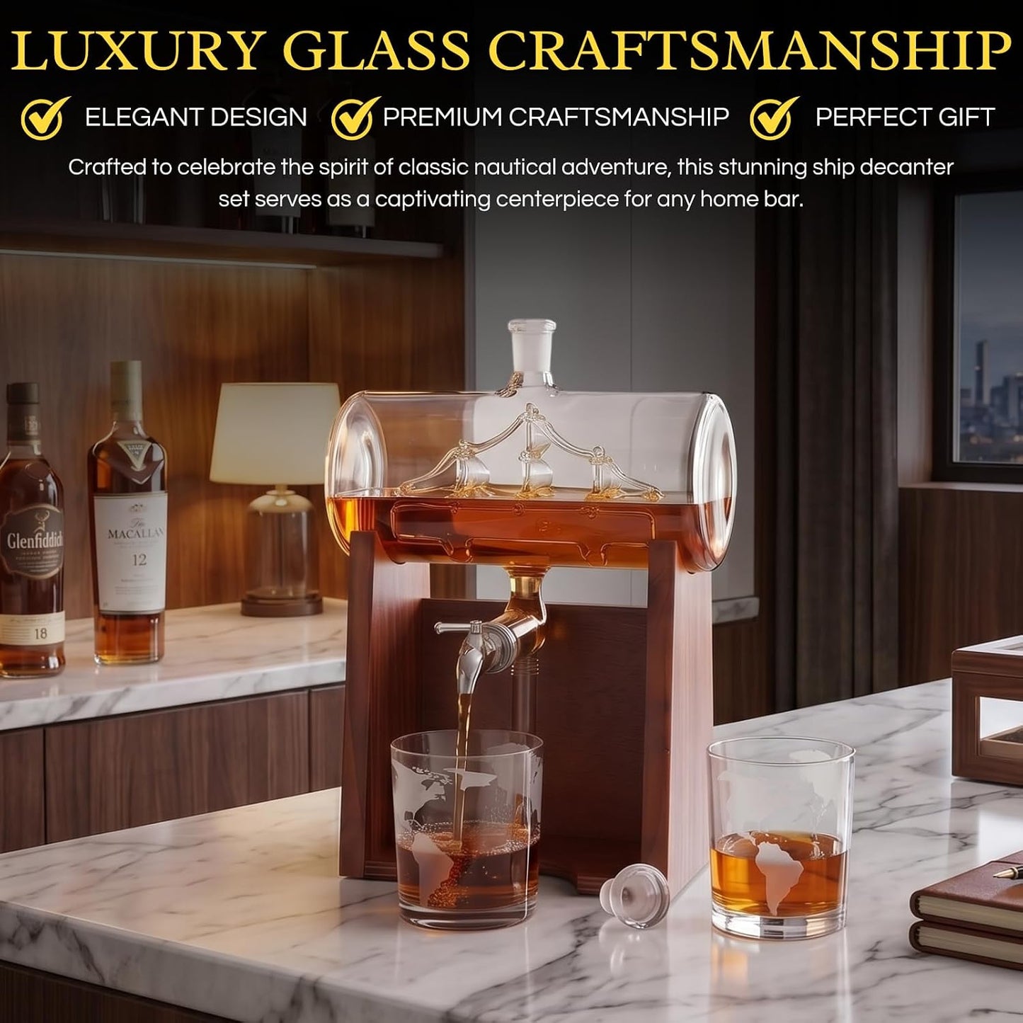 Ancient Ship Whiskey Wine Decanter Set with 2 Whiskey Glasses