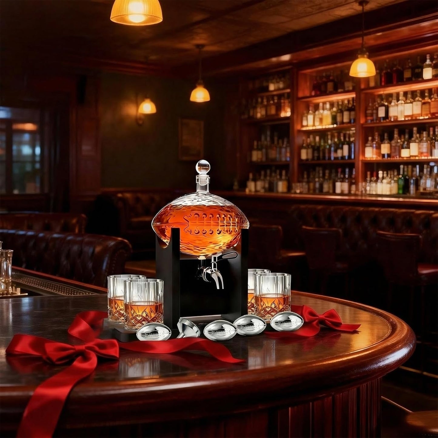 Football Whiskey Decanter With Mahogany Holder & 4 Glasses