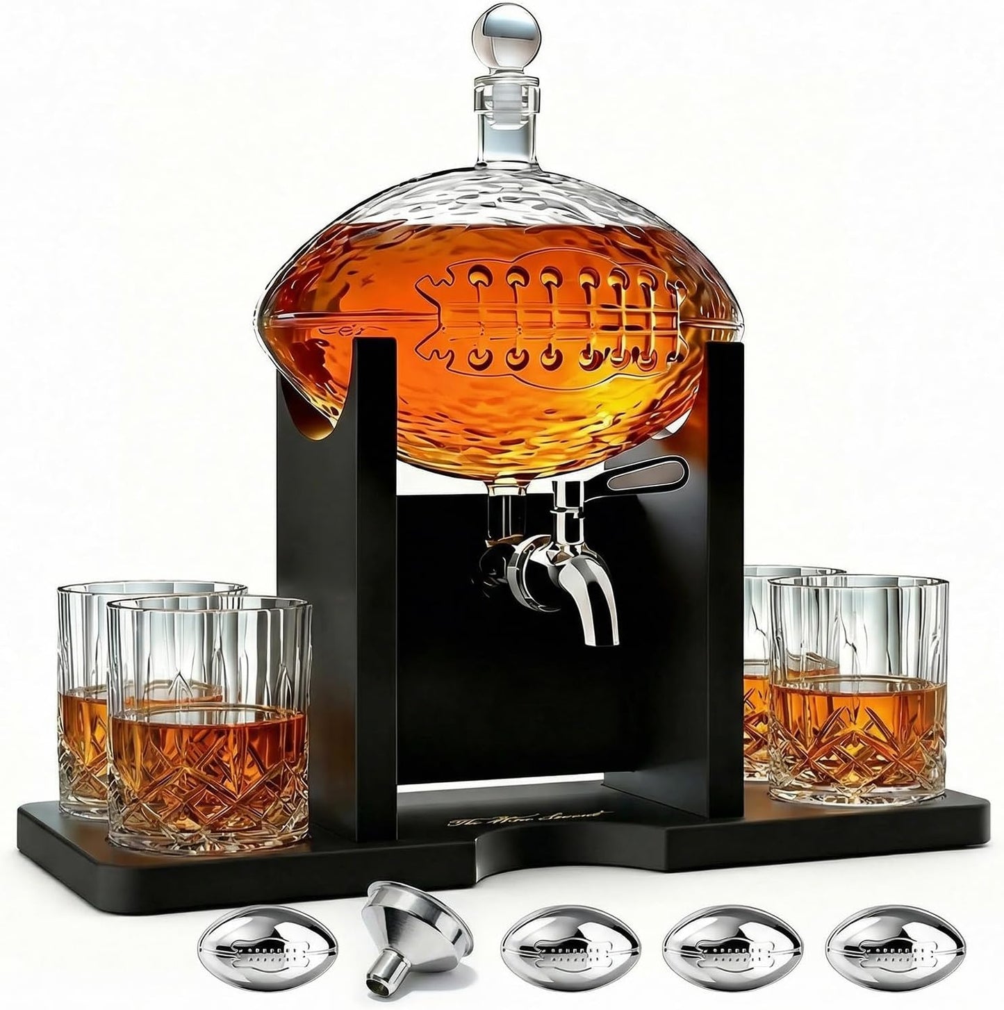 Football Whiskey Decanter With Mahogany Holder & 4 Glasses