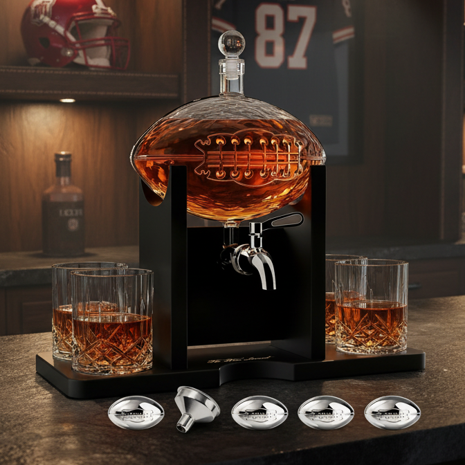 Football Whiskey Decanter With Mahogany Holder & 4 Glasses