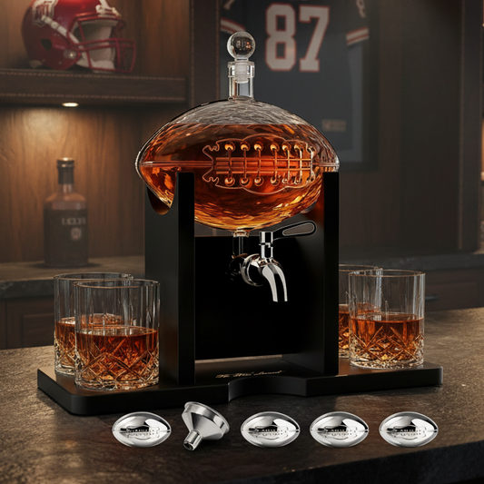 Football Whiskey Decanter With Mahogany Holder & 4 Glasses