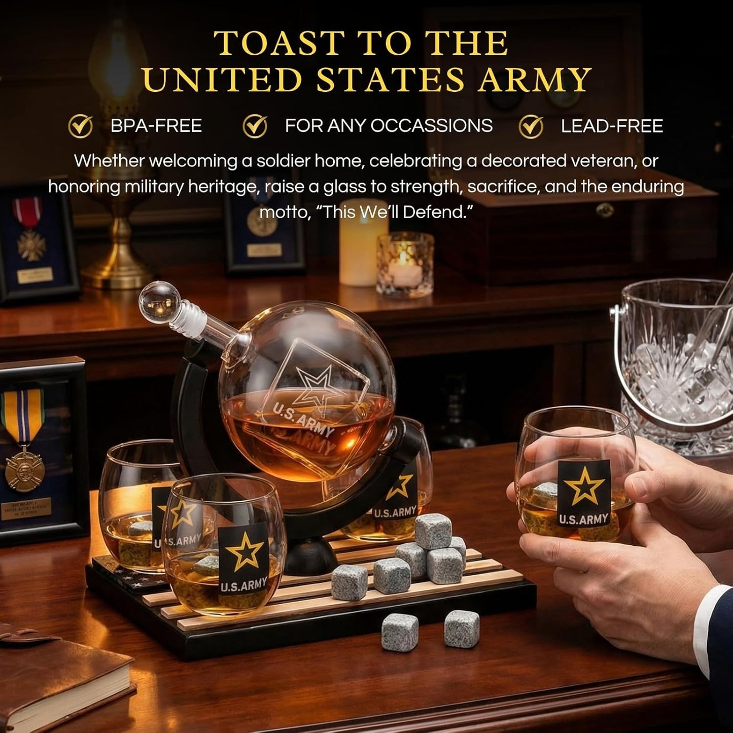 U.S. Army Globe Whiskey Decanter Set with 4 Liquor Glasses