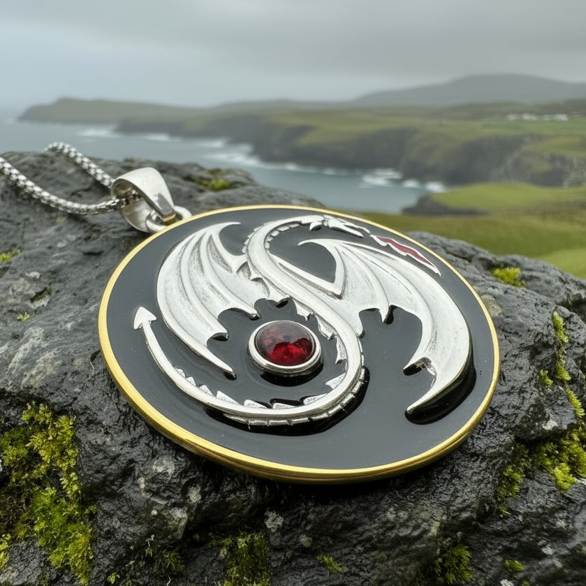 Dragon Yin Yang Garnet Necklace in Sterling Silver