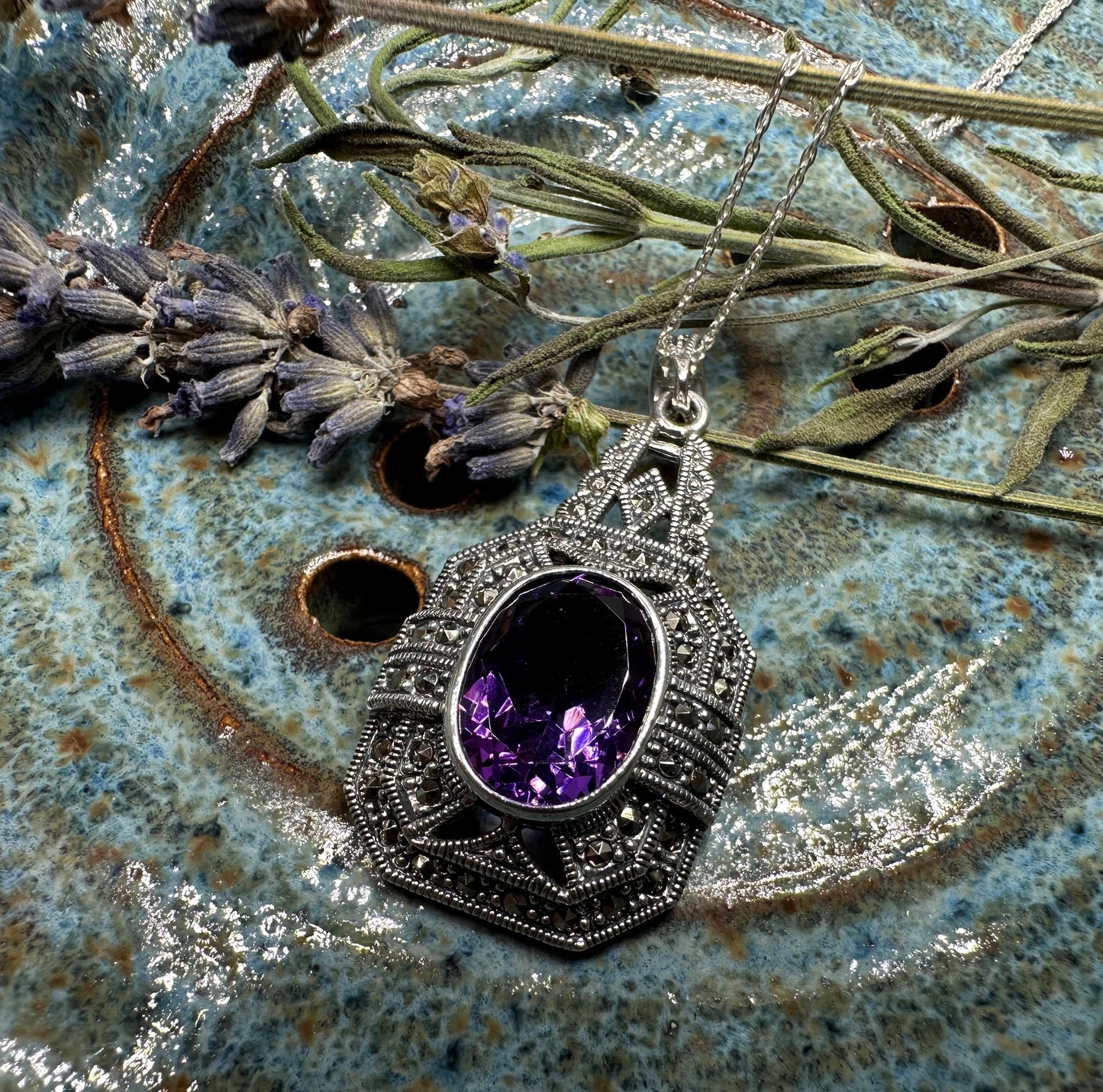 Victorian Marcasite Necklace with Amethyst