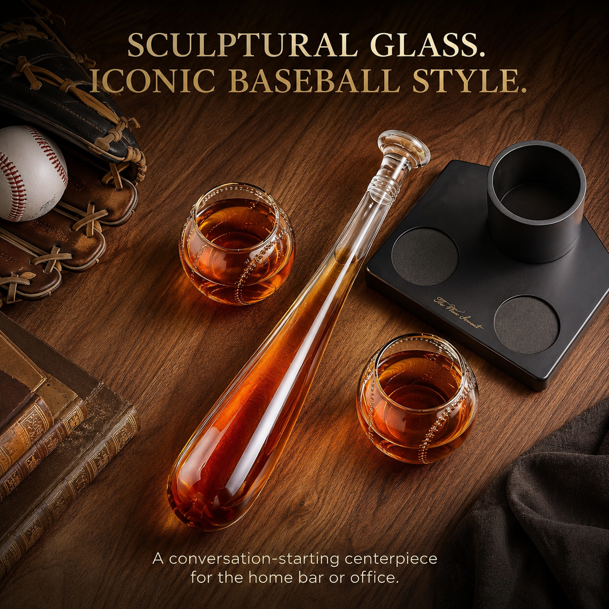 Baseball Themed Whiskey Decanter Set with 2 Glasses