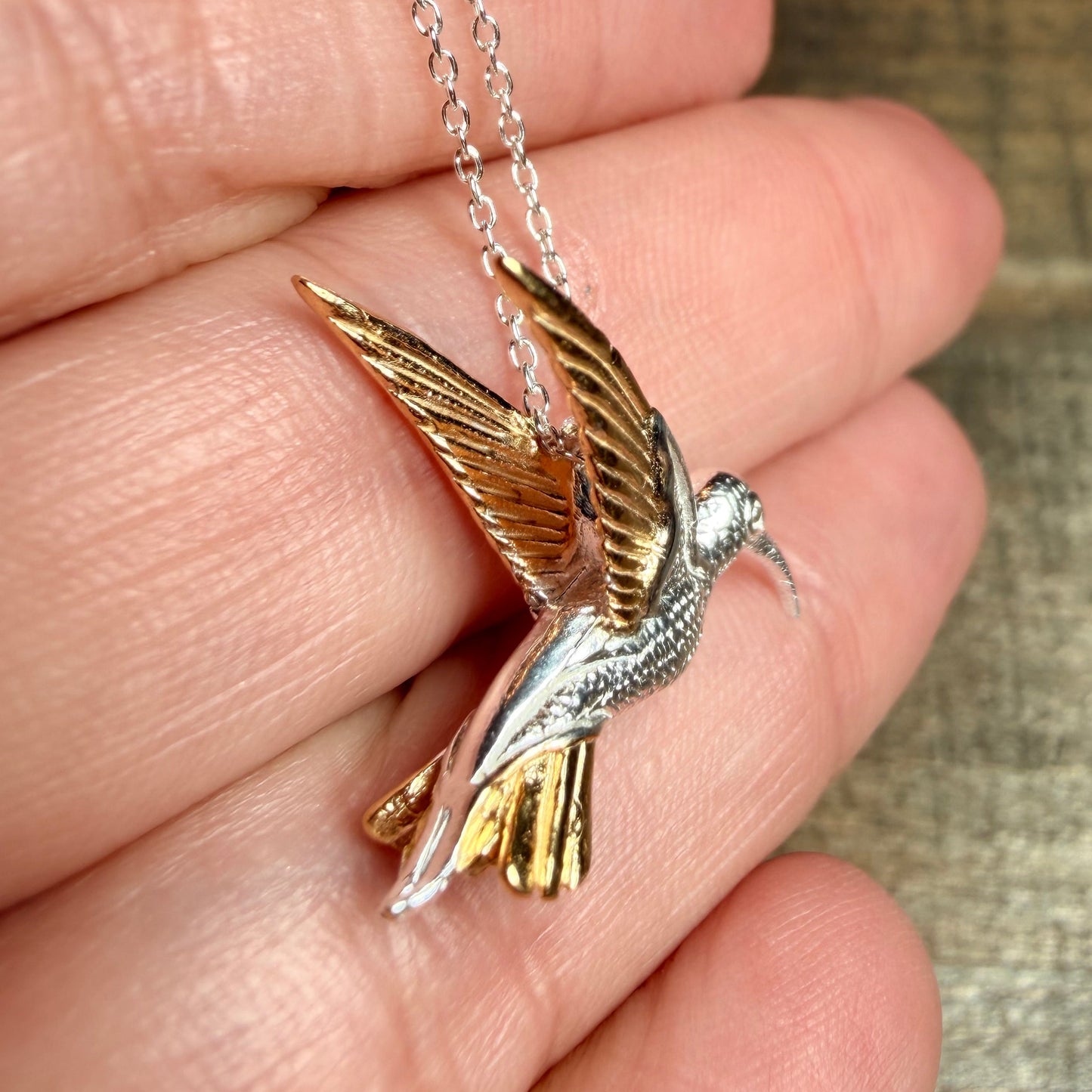 Golden Wing Hummingbird Necklace in Sterling Silver