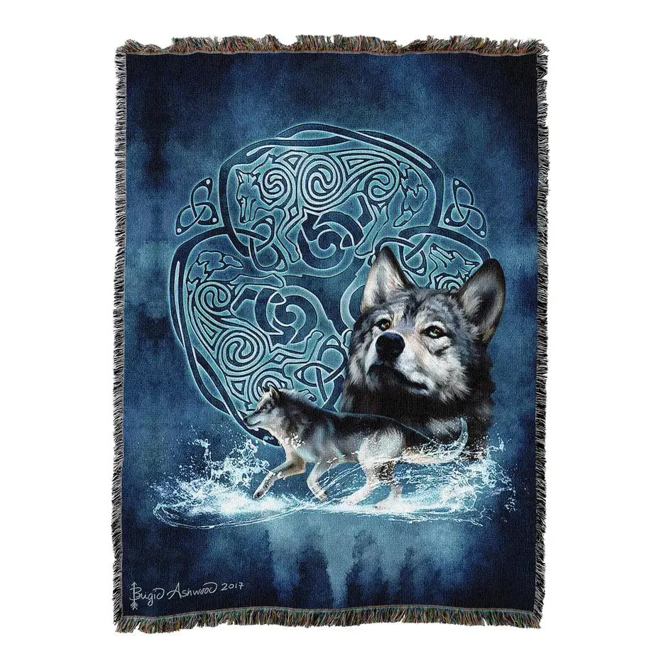 Blue Celtic Wolves Cotton Blanket - Handmade in North Carolina