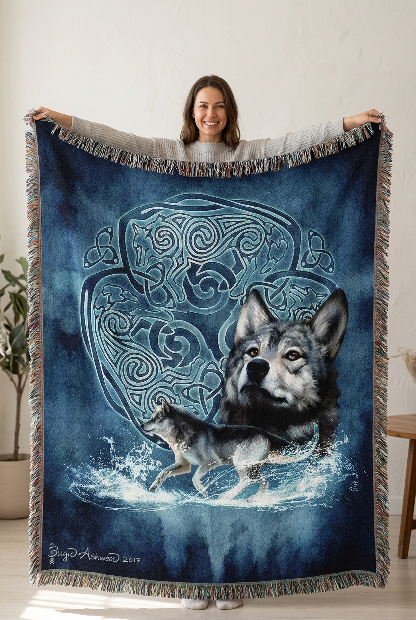 A rectangular woven throw blanket with fringed edges, featuring a dark blue background and an illustration of a large wolf and a smaller wolf running through water in front of a circular Celtic knot design. A signature reading 'Bryde Hansen 2017' is visible in the lower left corner.