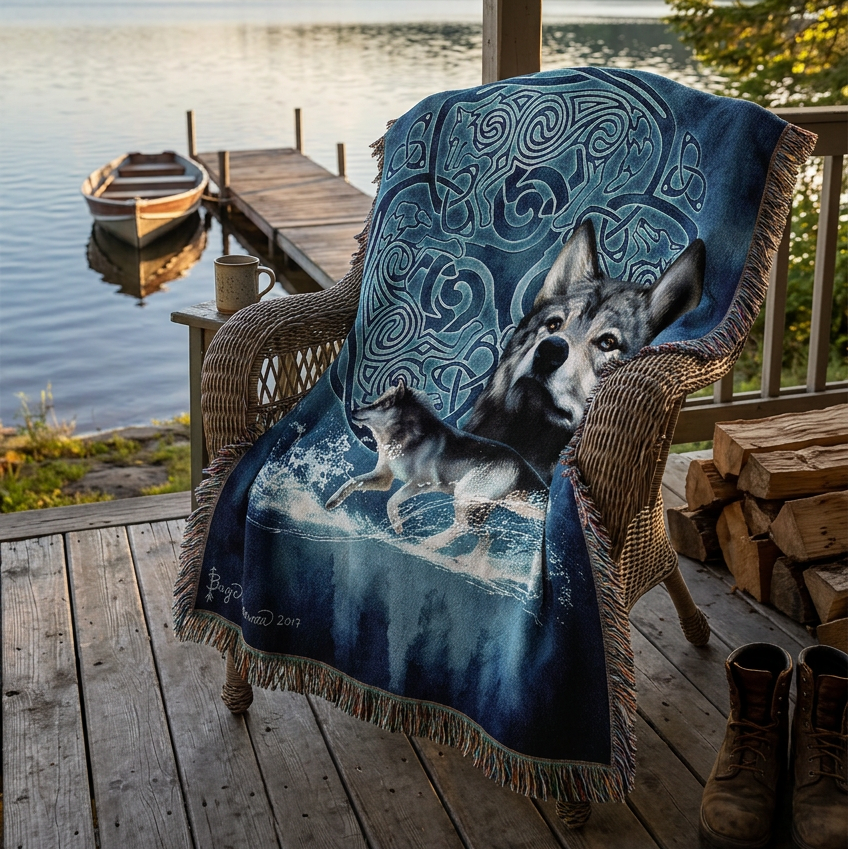 A rectangular woven throw blanket with fringed edges, featuring a dark blue background and an illustration of a large wolf and a smaller wolf running through water in front of a circular Celtic knot design. A signature reading 'Bryde Hansen 2017' is visible in the lower left corner.
