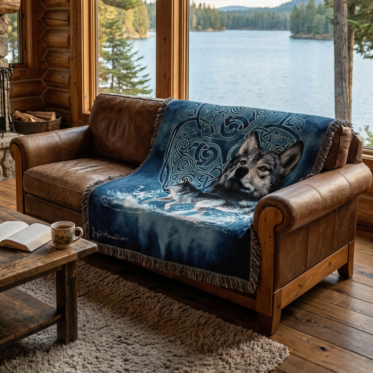 A rectangular woven throw blanket with fringed edges, featuring a dark blue background and an illustration of a large wolf and a smaller wolf running through water in front of a circular Celtic knot design. A signature reading 'Bryde Hansen 2017' is visible in the lower left corner.