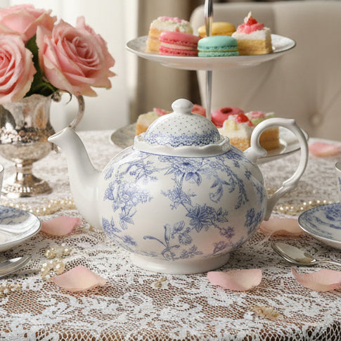Vintage Style Blue Flowers Fine China Teapot