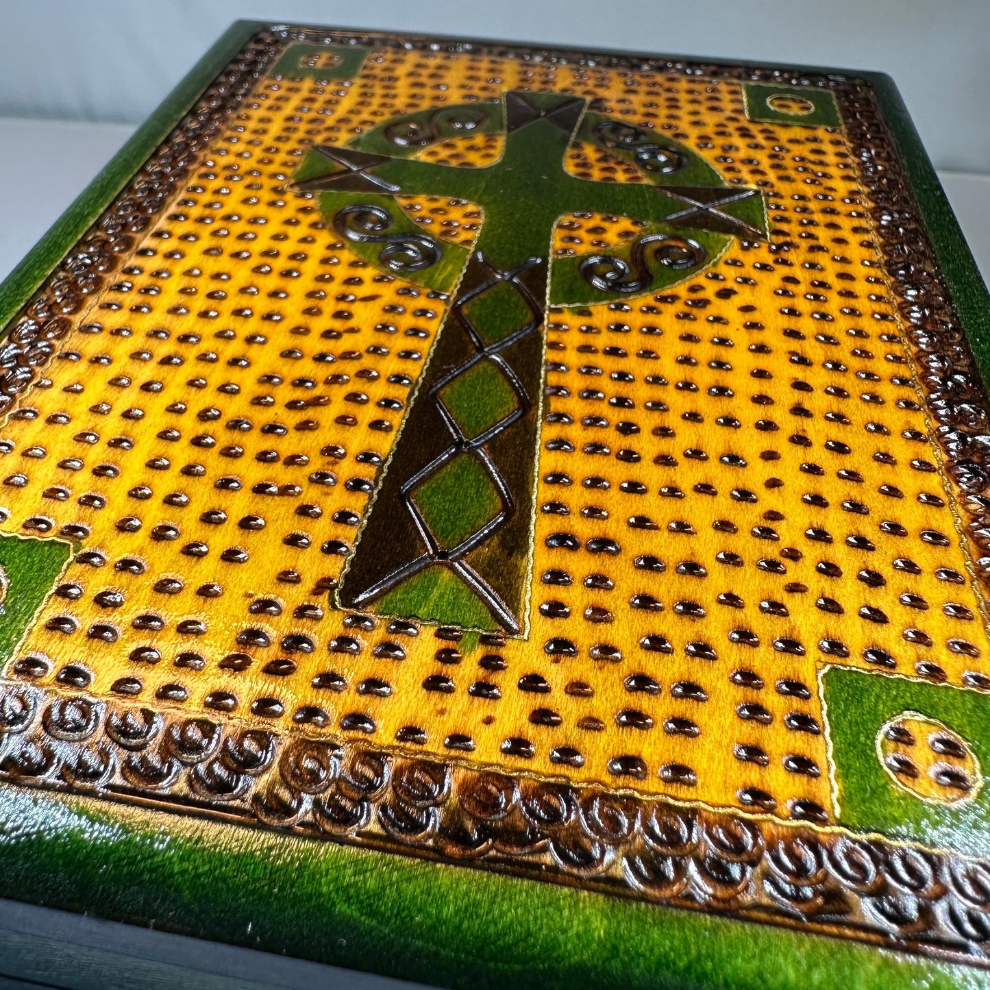Green Celtic Cross Keepsake Box - Handmade Wooden Box