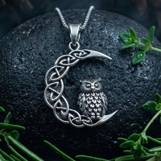 Gyna Celtic Owl Moon Necklace in Sterling Silver