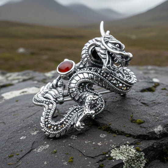 Celtic Rising Dragon Brooch in Sterling Silver