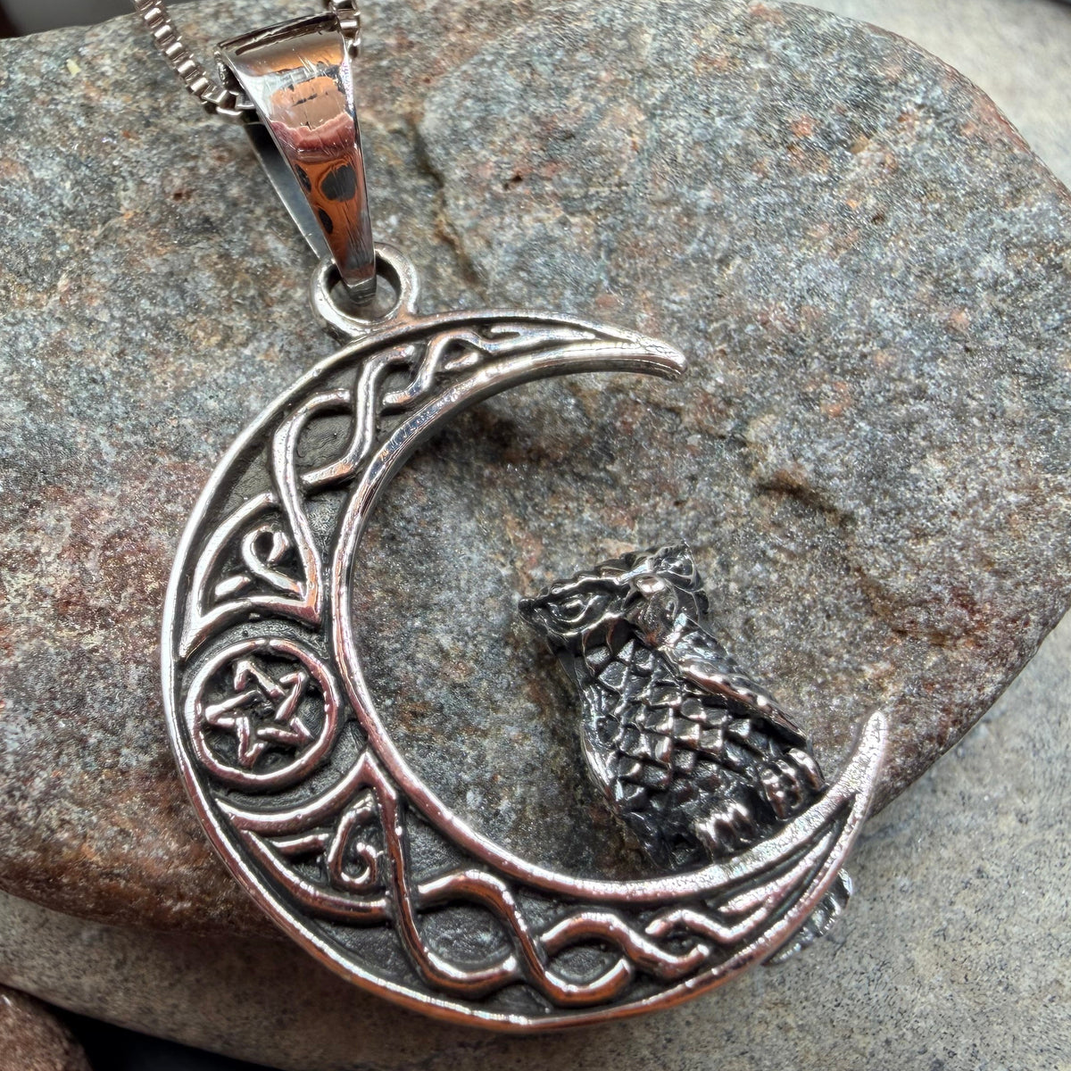 Eagna Mystical Owl Moon Necklace in Sterling Silver