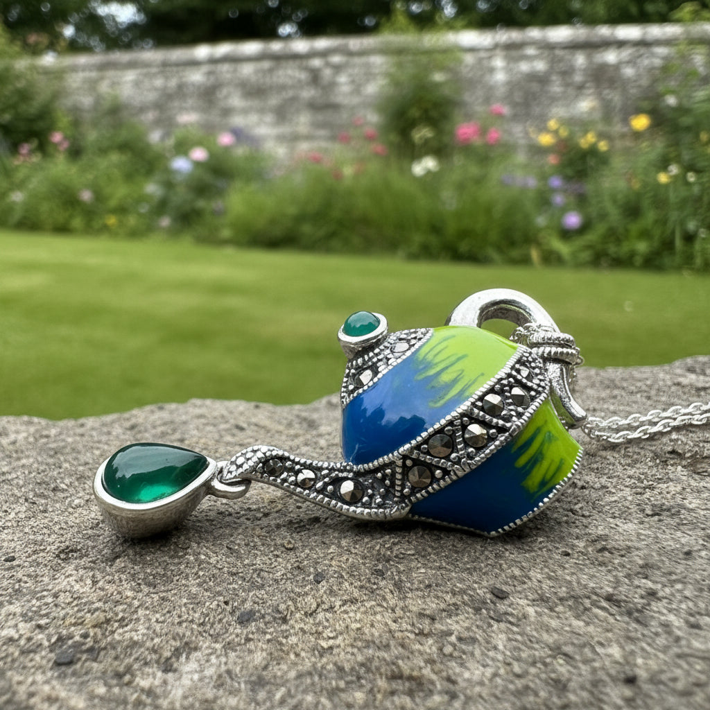 Spot of Tea Teapot Marcasite Necklace in Sterling Silver