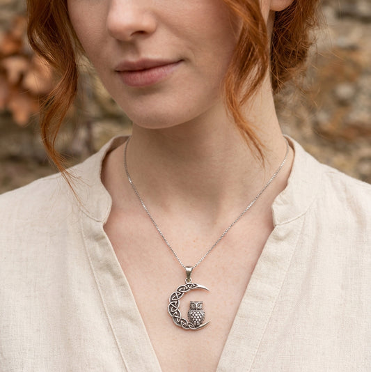 Gyna Celtic Owl Moon Necklace in Sterling Silver