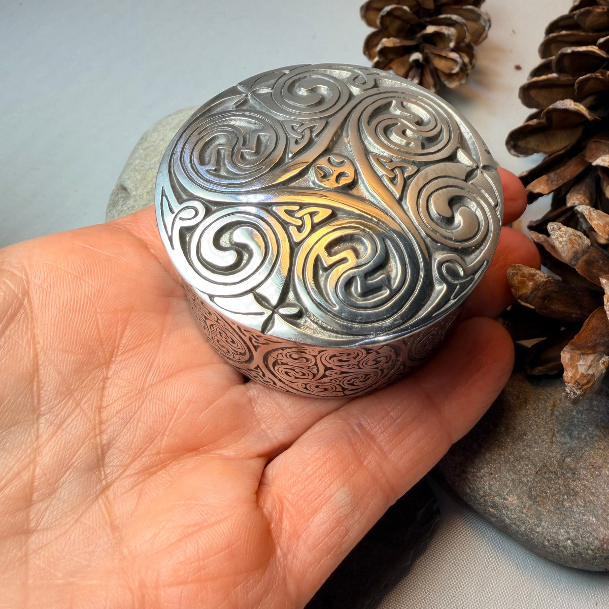 Round Celtic Triple Spiral Trinket Box  Handmade in Pewter