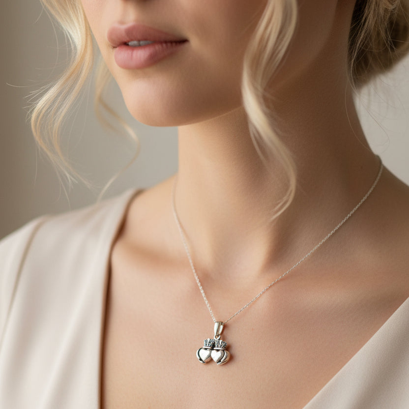 Croi Double Heart Irish Claddagh Necklace in Sterling Silver
