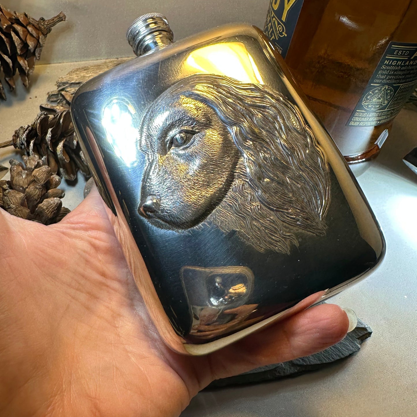 Faithful Friend Spaniel Pewter Hip Flask - Handmade in England
