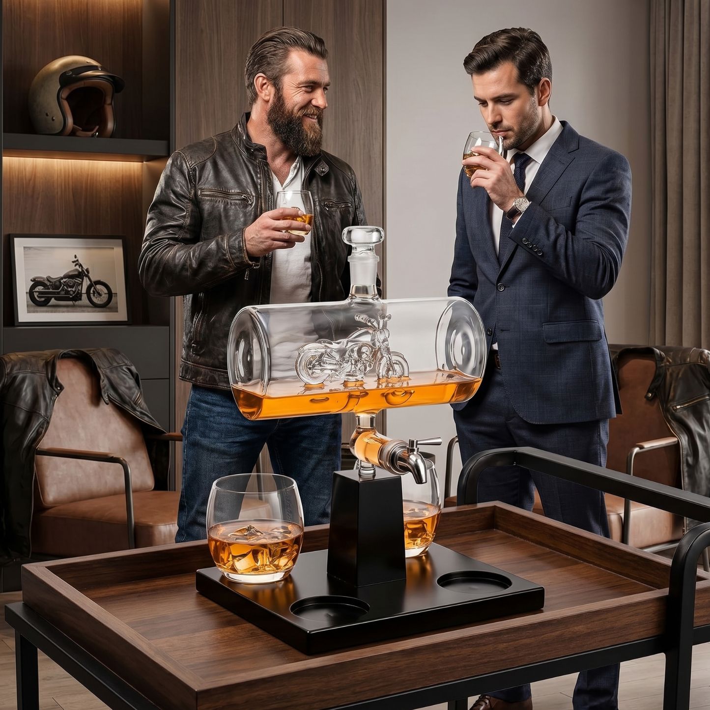 Motorcycle Decanter Whiskey Decanter Set with 4 Whiskey Glasses