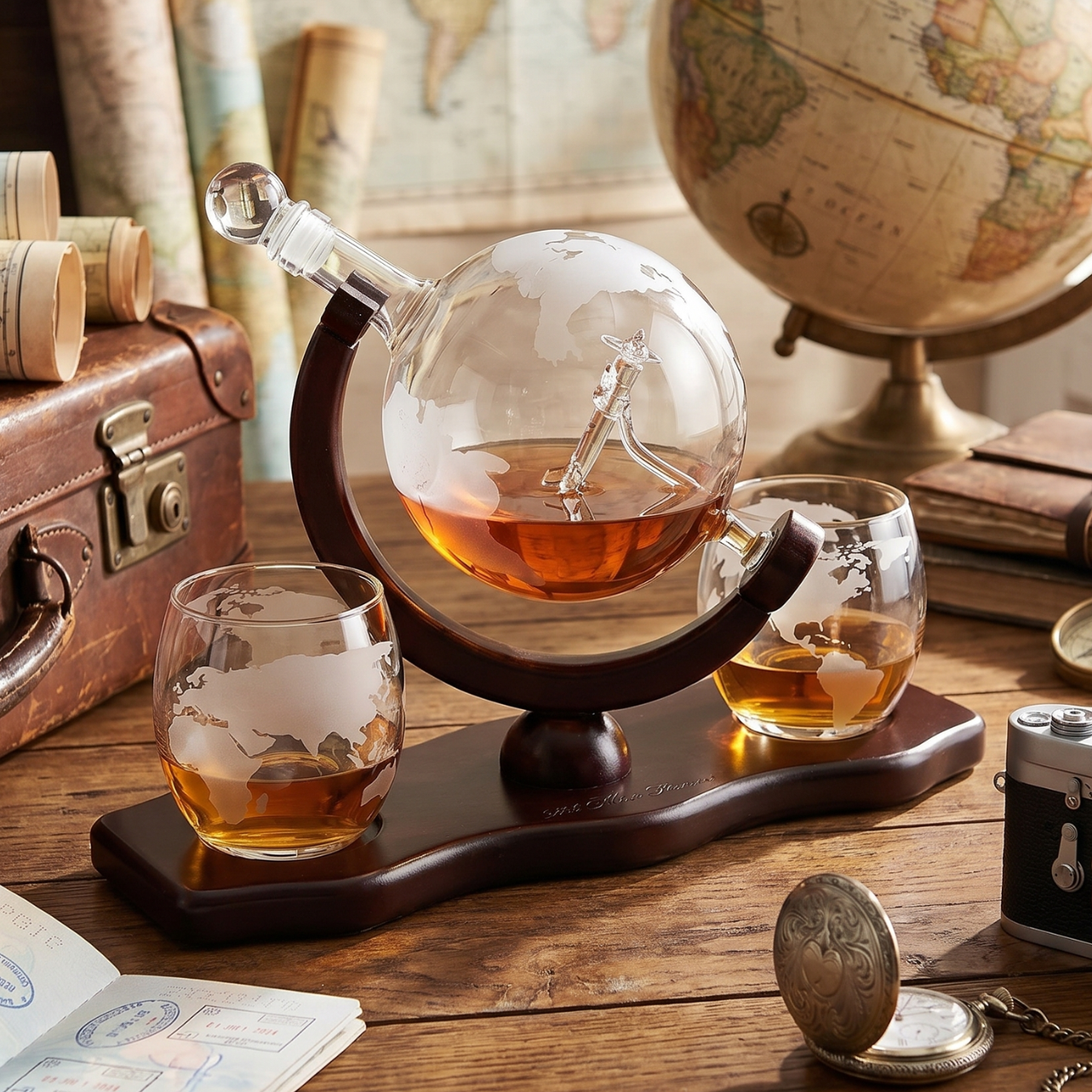 Etched World & Airplane Decanter with Whiskey Stones & Two Glasses