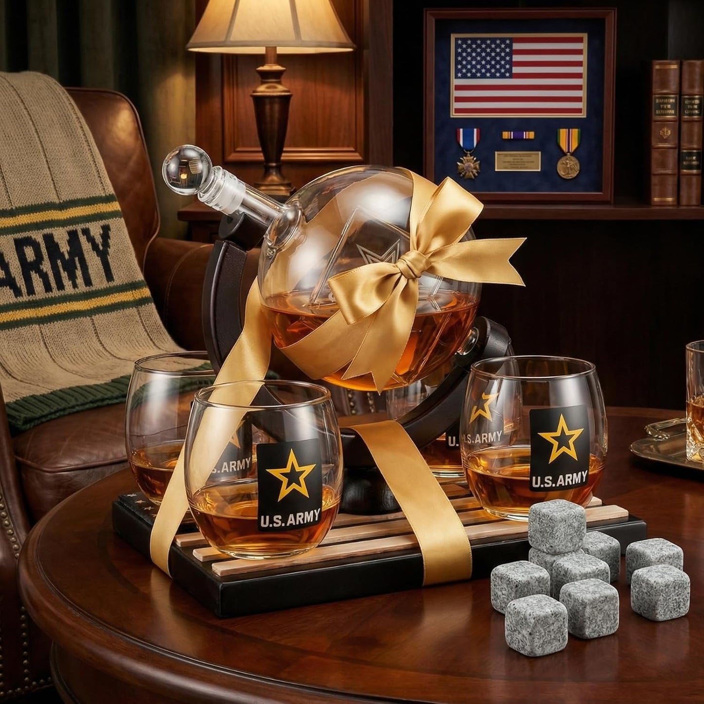 U.S. Army Globe Whiskey Decanter Set with 4 Liquor Glasses
