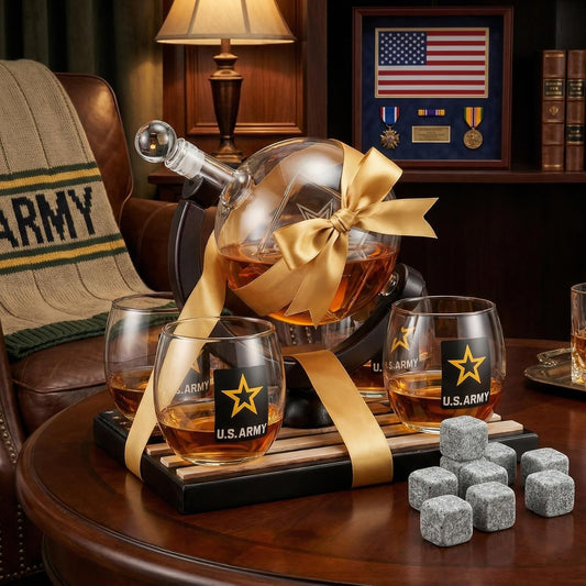U.S. Army Globe Whiskey Decanter Set with 4 Liquor Glasses