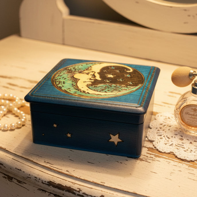 Midnight Blue Crescent Moon Keepsake Box - Handmade Wooden Box