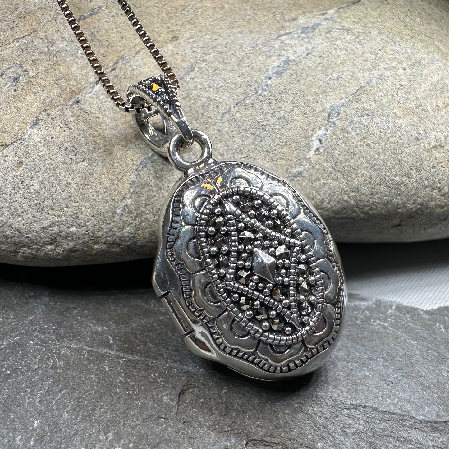 Florent Classic Oval Marcasite Locket Necklace — view 5