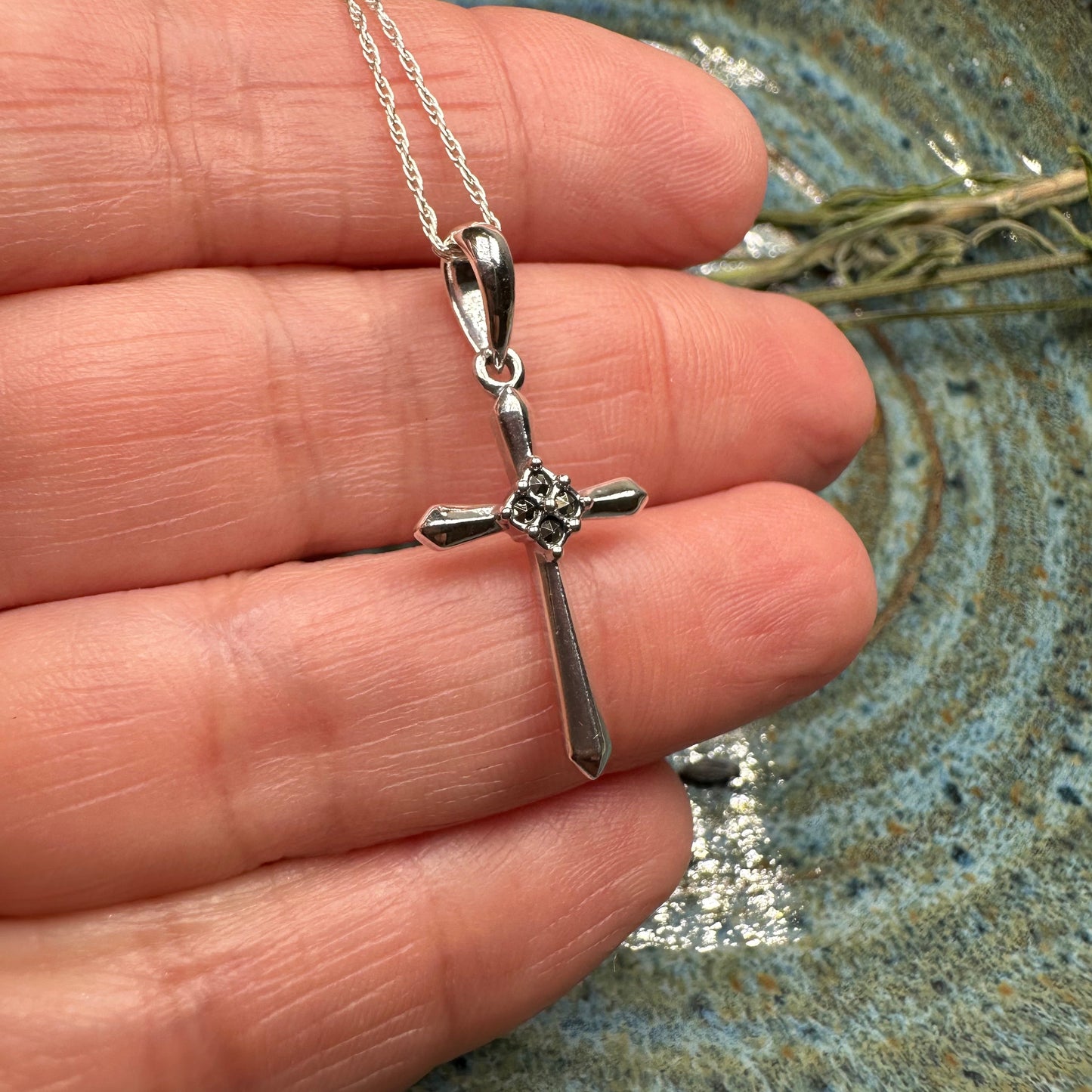 Petite Simplicity Marcasite Cross Necklace in Sterling Silver