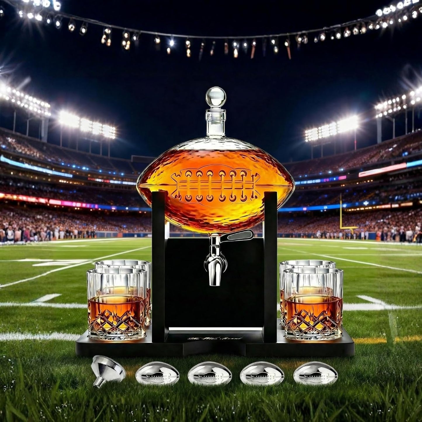Football Whiskey Decanter With Mahogany Holder & 4 Glasses