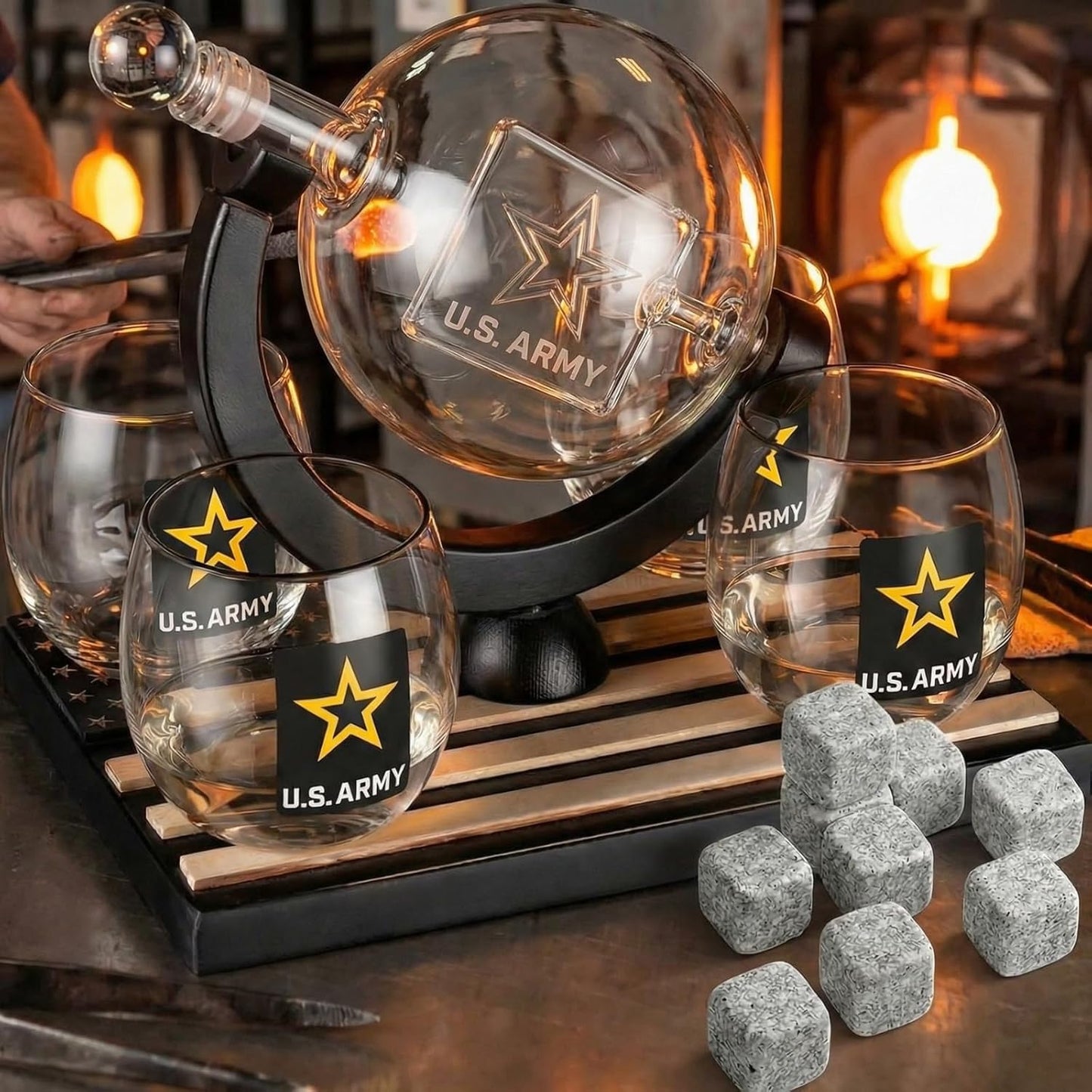U.S. Army Globe Whiskey Decanter Set with 4 Liquor Glasses