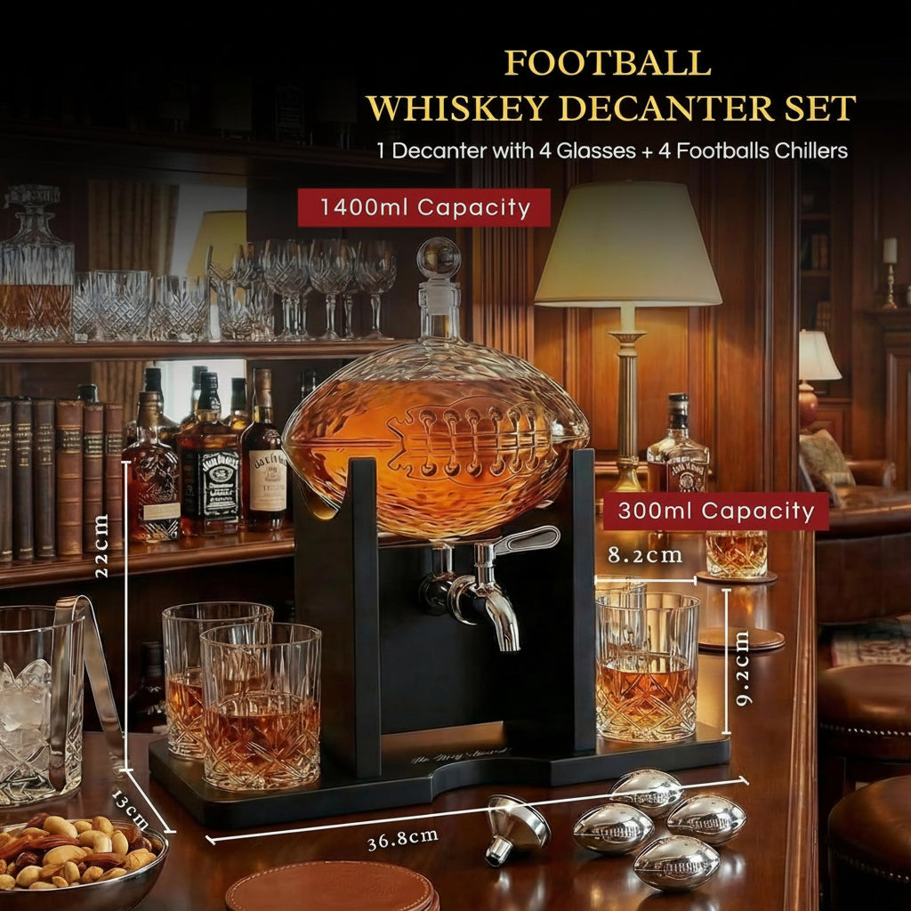 Football Whiskey Decanter With Mahogany Holder & 4 Glasses