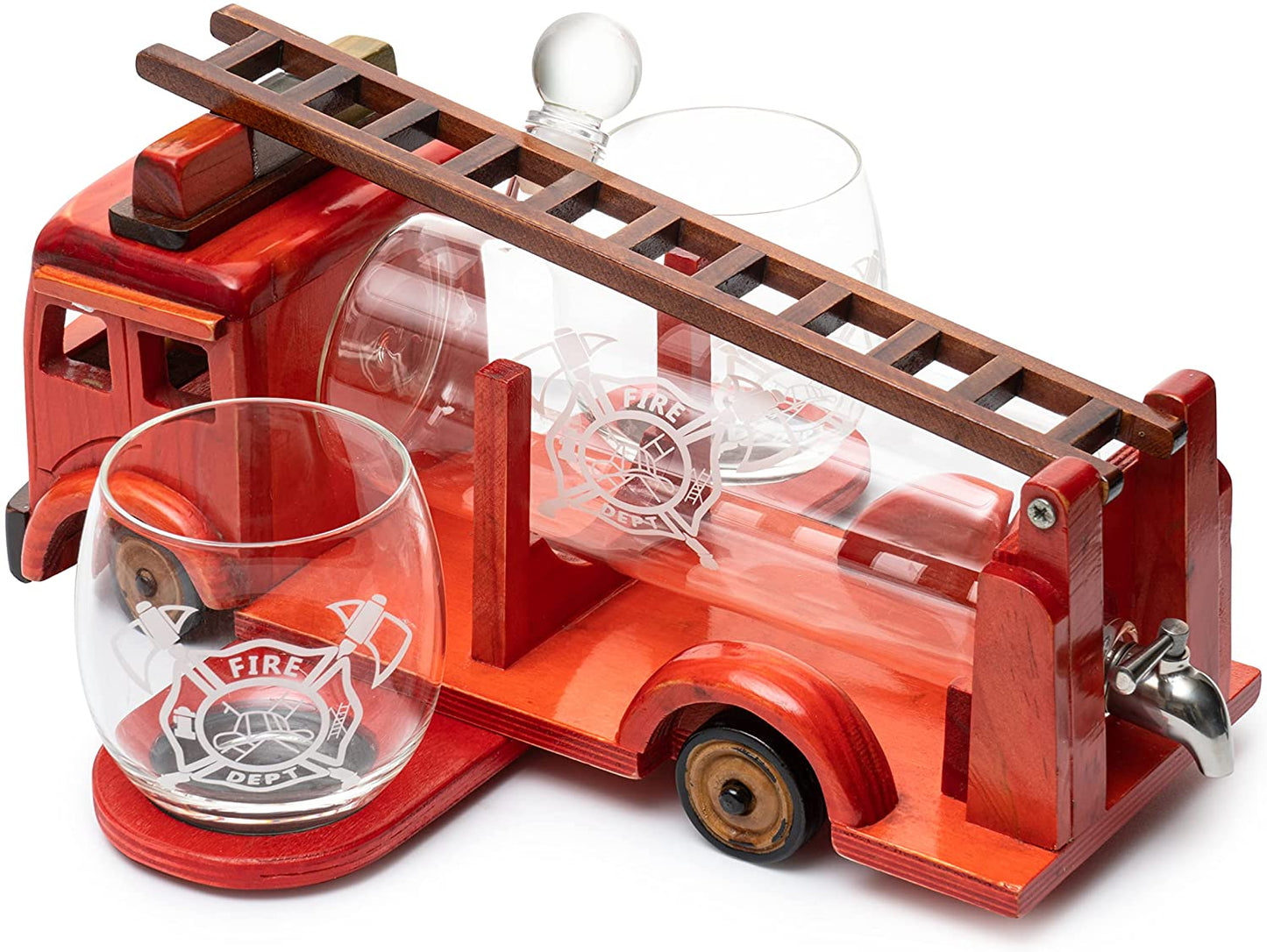 Vintage Firetruck Whiskey Decanter with Two Glasses