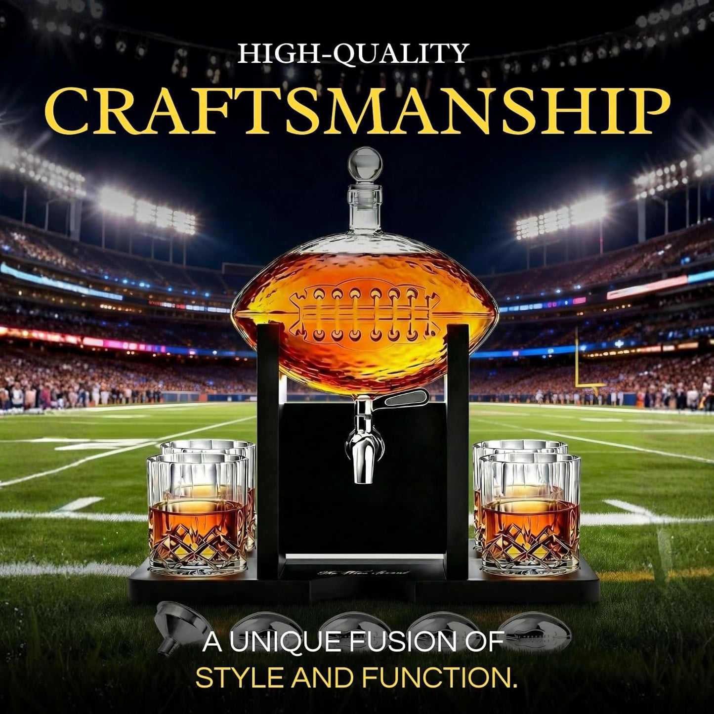 Football Whiskey Decanter With Mahogany Holder & 4 Glasses