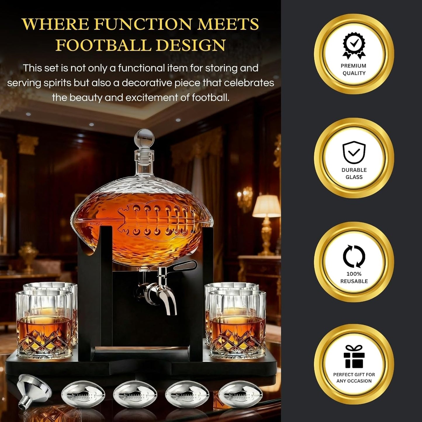 Football Whiskey Decanter With Mahogany Holder & 4 Glasses