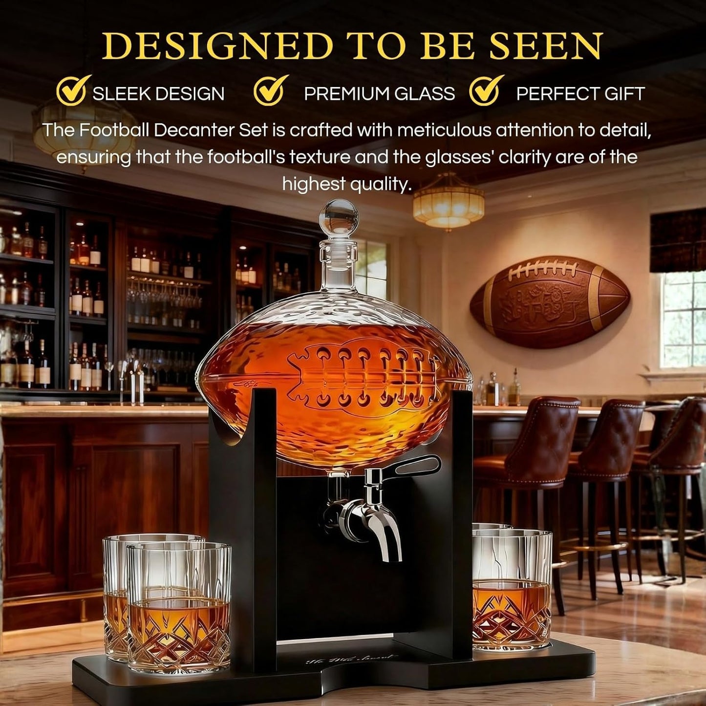 Football Whiskey Decanter With Mahogany Holder & 4 Glasses