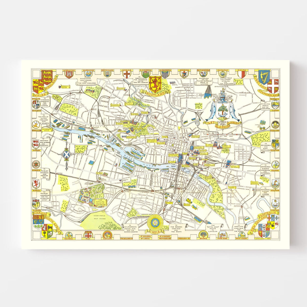 Vintage Map of Glasgow, Scotland 1938 Wall Art