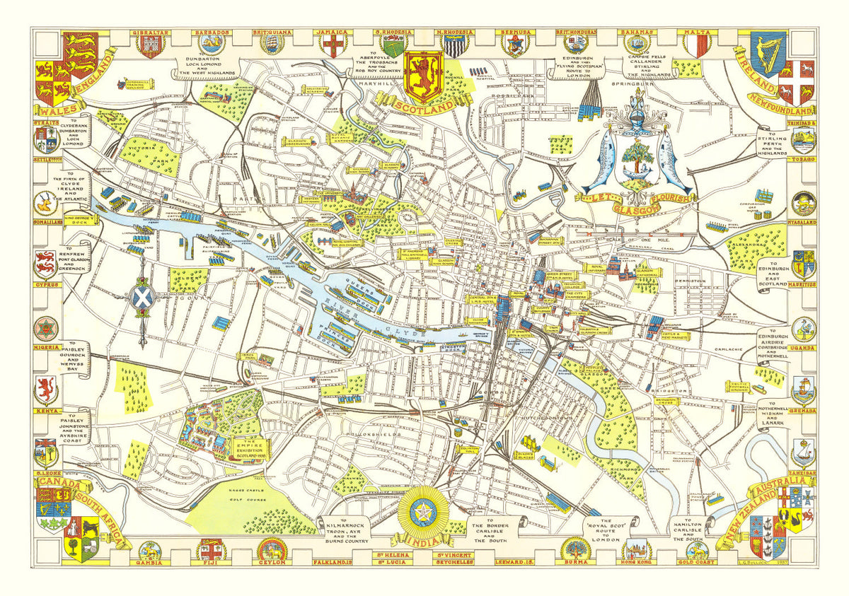 Vintage Map of Glasgow, Scotland 1938 Wall Art