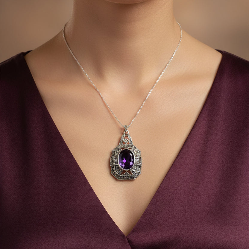 Victorian Marcasite Necklace with Amethyst