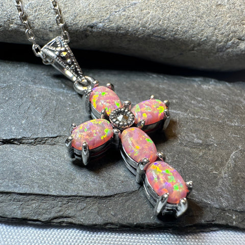 Load image into Gallery viewer, Rhosyn Opal Cross Necklace in Sterling Silver
