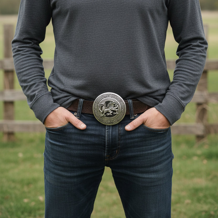 Round Celtic Welsh Dragon Kilt Belt Buckle - Handmade in Scotland