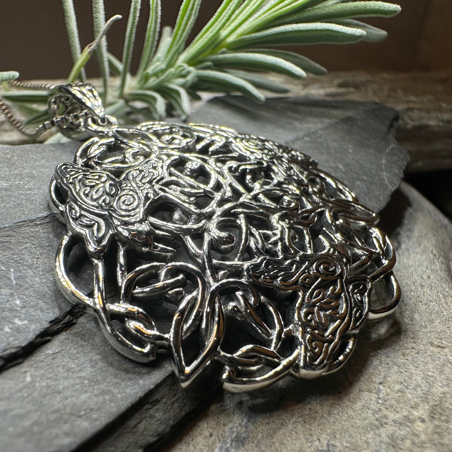 Pictish Triple Celtic Raven Necklace in Sterling Silver